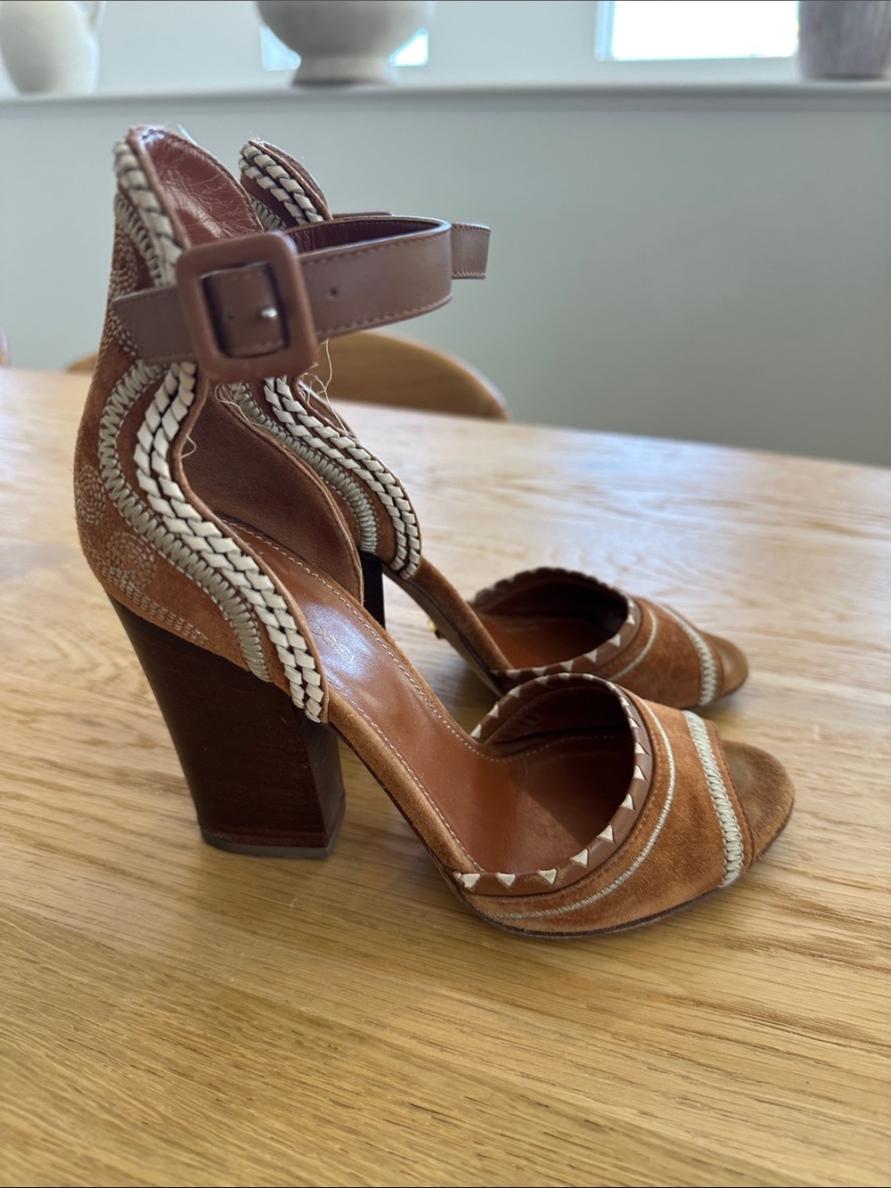 Sergio Rossi Tan Suede Braided Block Heel Sandals